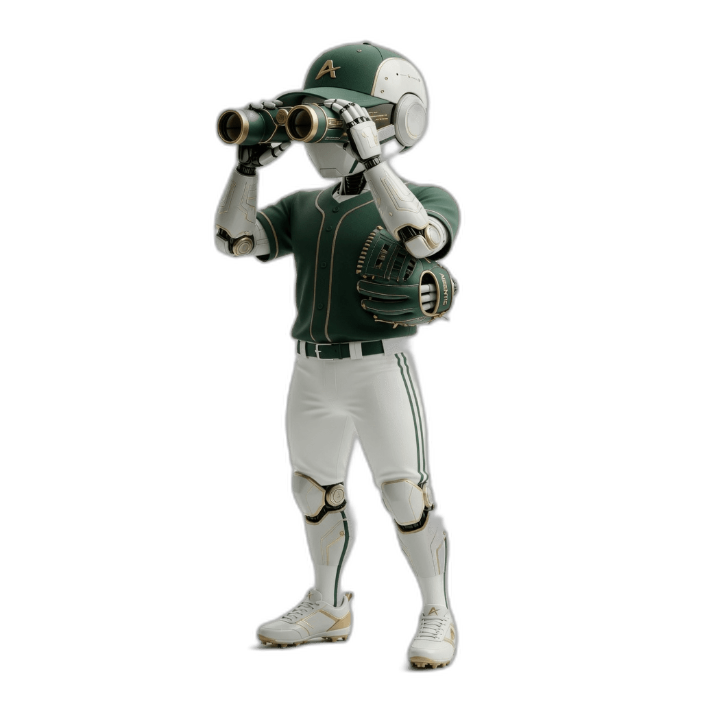 Aigentic robot player scouting the field with binoculars